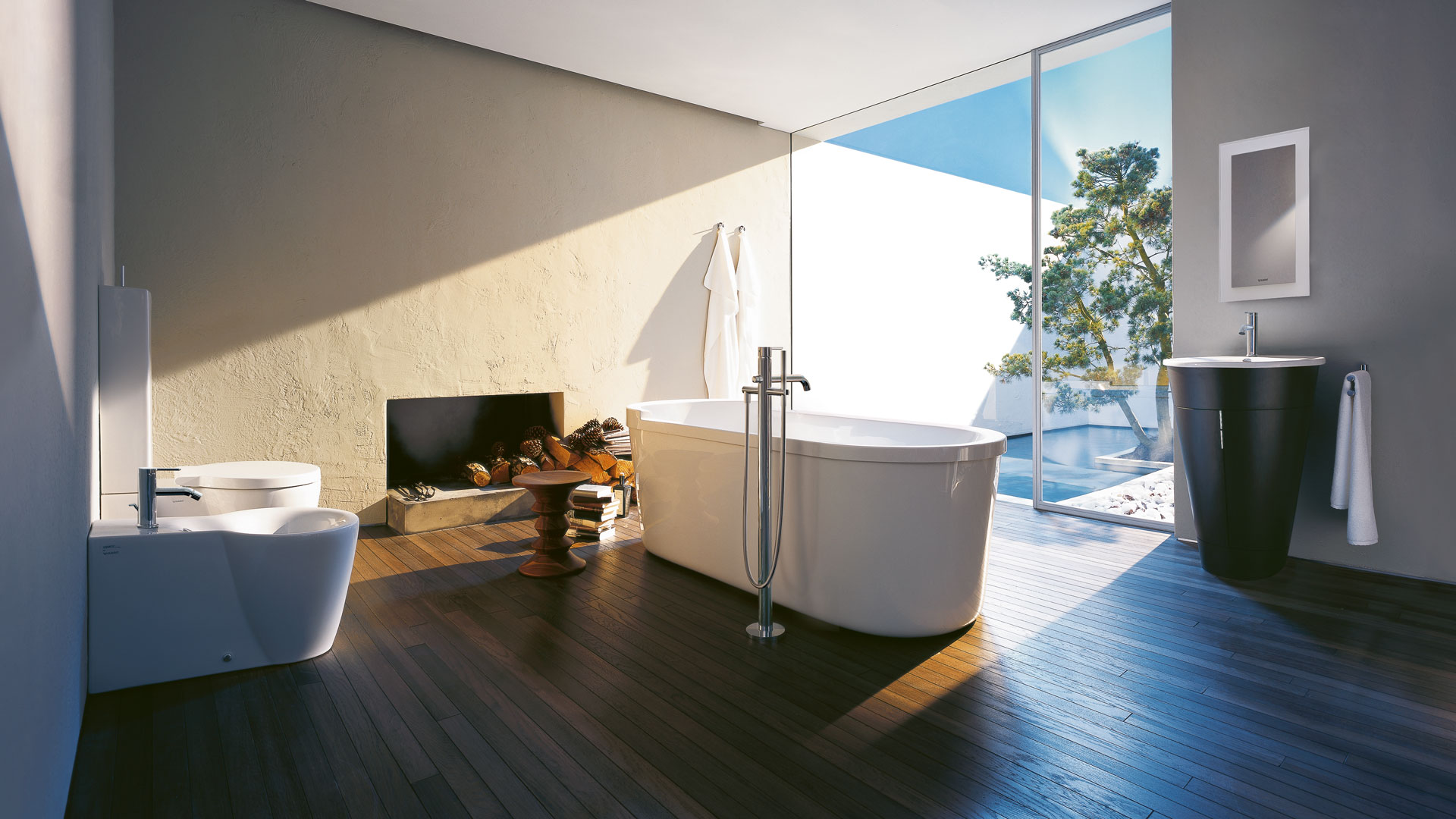 Bathroom with whirlpool bathtub and fireplace
